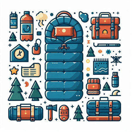 Set of camping equipment. Vector illustration in thin line style on white background.のイラスト素材