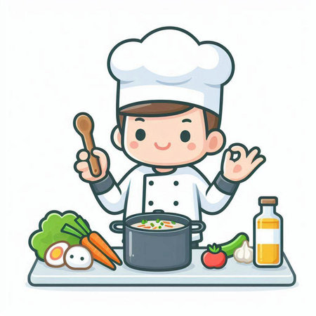 Chef cooking in the kitchen. Vector illustration of a cartoon characterのイラスト素材