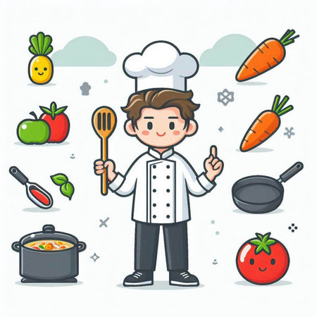 Chef boy with vegetables and cooking tools. Vector illustration in cartoon style.のイラスト素材