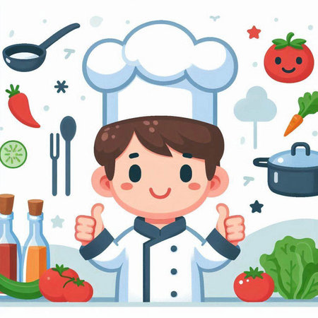 Illustration of a Cute Little Boy Chef Holding His Thumbs Upのイラスト素材