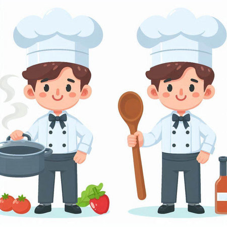 Chef boy and cook man with cooking tools. Vector illustration.のイラスト素材