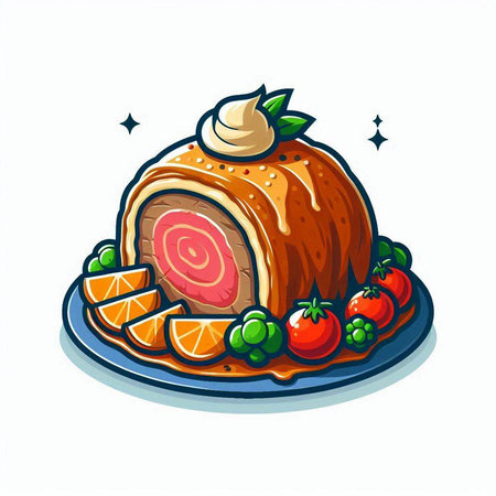 Illustration of a baked roll with fruits and cream on a white backgroundのイラスト素材