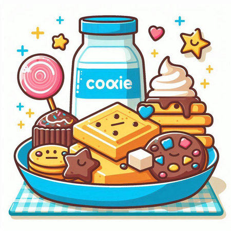 Illustration of a plate full of delicious cookies, candies and milkのイラスト素材
