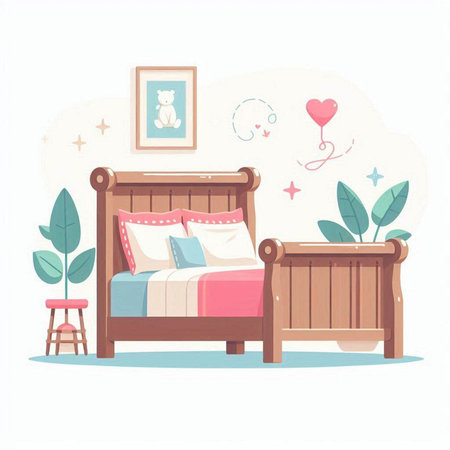 Vector illustration of a cozy bedroom with a wooden bed, a chair, a pillow and a picture of a girl.のイラスト素材