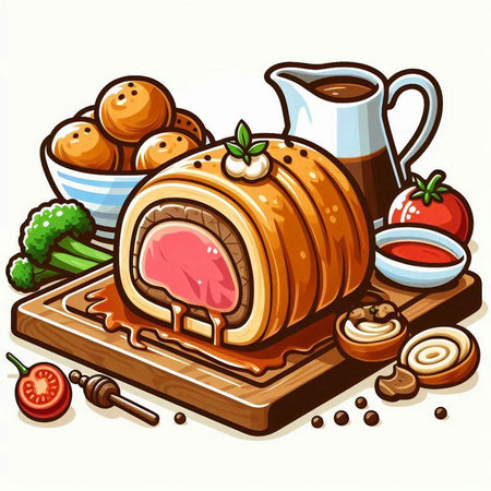 Meatloaf with vegetables and sauce on a wooden board. Vector illustration.のイラスト素材