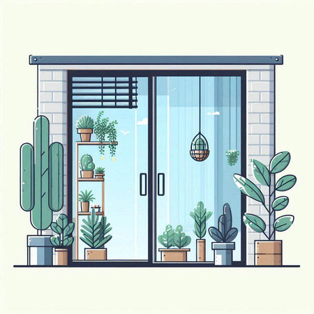 Flat style vector illustration of a modern glass door with plants.のイラスト素材