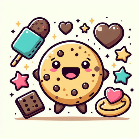 Cute chocolate chip cookie with ice cream, vector cartoon illustration.のイラスト素材