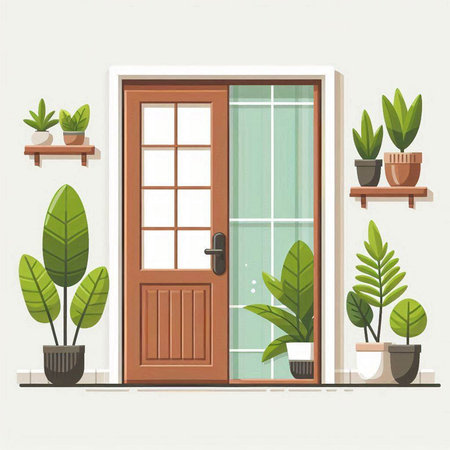 Vector illustration of a wooden door in a flat style with plants.のイラスト素材