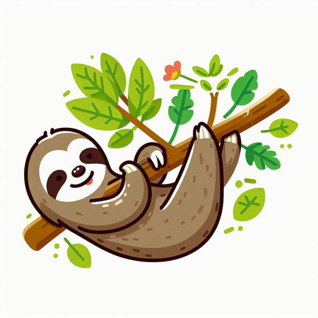 Cute cartoon sloth hanging on tree branch. Vector illustration.のイラスト素材