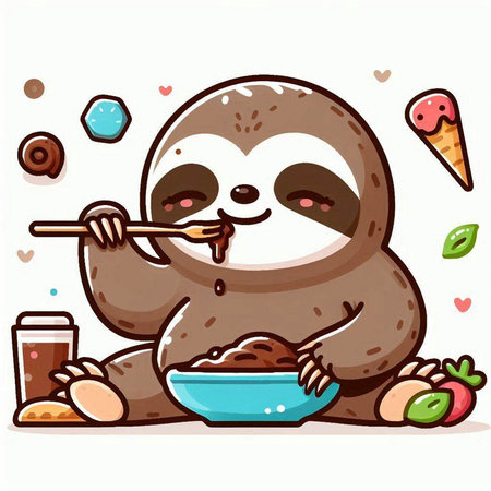 Cute cartoon sloth eating a bowl of food. Vector illustration.のイラスト素材