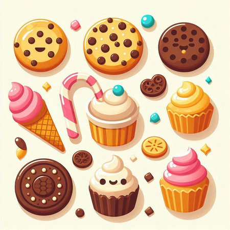 Cupcakes, sweets and candies. Vector illustration in cartoon style.のイラスト素材