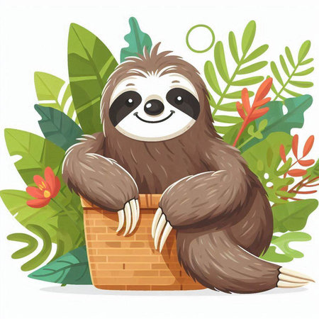 Cute sloth sitting in basket. Cartoon character. Vector illustration.のイラスト素材