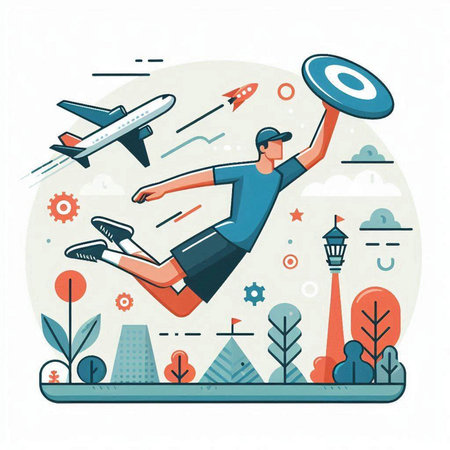 Vector illustration of man flying around the world. Concept of travel, tourism, adventure, journey.のイラスト素材