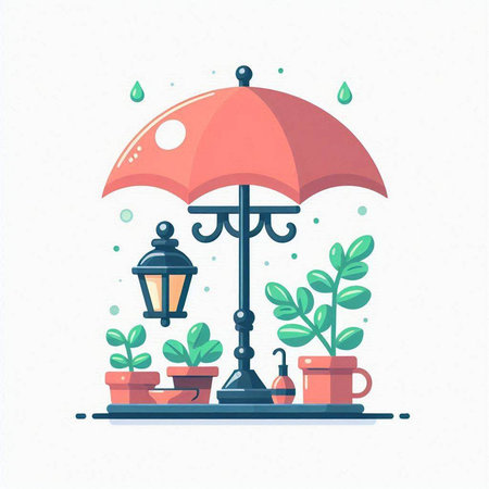 Umbrella and lamp on white background. Vector illustration in flat style.のイラスト素材