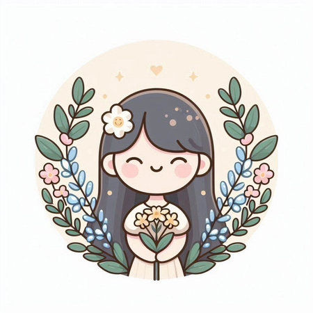 Cute cartoon girl with flowers and leafs. Vector illustration.のイラスト素材