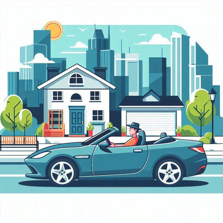 Man driving a convertible car on a city street. Vector illustration.のイラスト素材