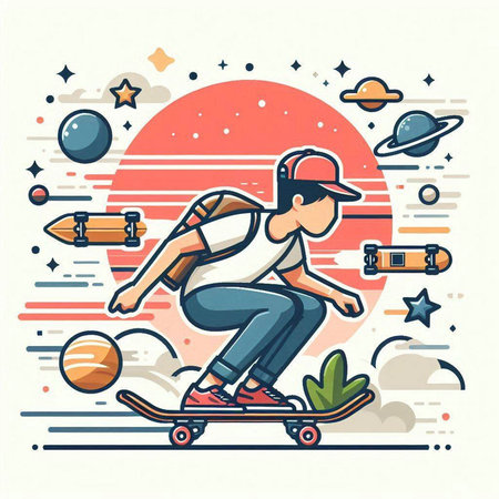 Skateboarder in sportswear riding on a skateboard. Vector illustration.のイラスト素材