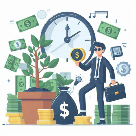 Time is money concept. Businessman holding gold coin in his hands. Vector illustration in cartoon styleのイラスト素材