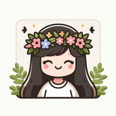 Cute girl in a wreath of flowers. Vector illustration.のイラスト素材