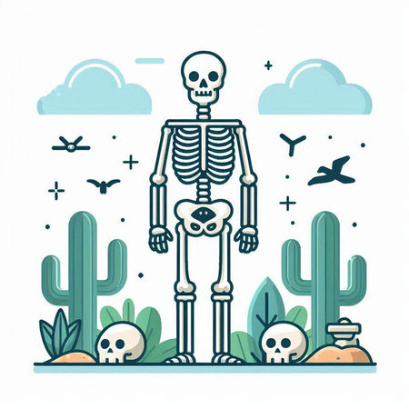 Skeleton and cactuses. Vector illustration in flat style.のイラスト素材