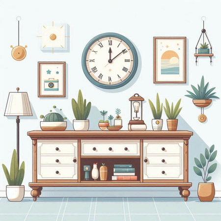 Interior of living room with furniture and wall clock. Vector illustrationのイラスト素材
