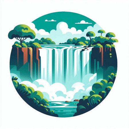 Waterfall with trees and clouds in a circle. Vector illustration.のイラスト素材
