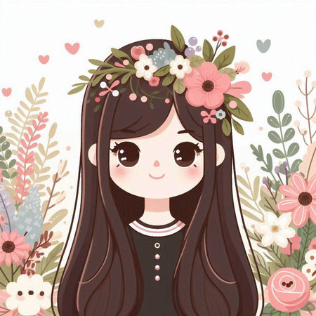 Cute little girl with floral wreath on her head. Vector illustration.のイラスト素材
