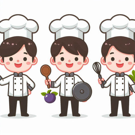 Chef boy cartoon character with cooking tools and vegetables vector illustration.のイラスト素材