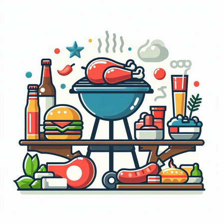Vector illustration of barbecue grill with meat and vegetables on white background.のイラスト素材