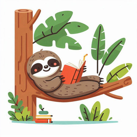 Cute sloth reading a book on a tree. Vector illustration.のイラスト素材