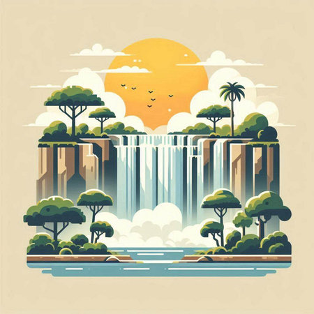 Waterfall in flat style. Vector illustration of a beautiful landscape.のイラスト素材