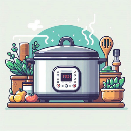 Vector illustration of a modern kitchen with electric multicooker and vegetables.のイラスト素材