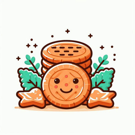 Cute cartoon chocolate chip cookies with leaves and stars. Vector illustration.のイラスト素材
