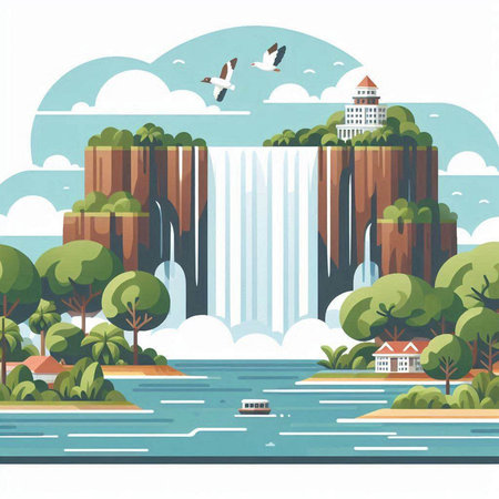 Waterfall on the river. Vector illustration in flat design style.のイラスト素材