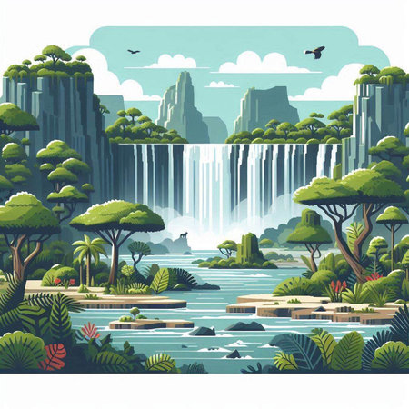 Waterfall in the jungle. Vector illustration of a beautiful landscape.のイラスト素材