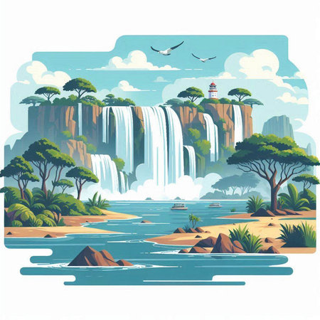 Waterfall in the jungle. Waterfall on the river. Vector illustrationのイラスト素材