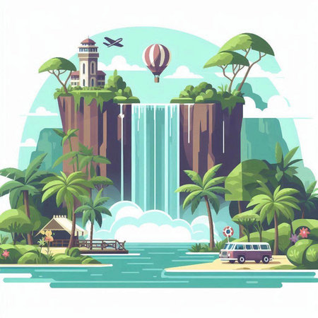 Tropical island with waterfalls. Vector illustration in flat styleのイラスト素材