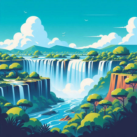 Waterfall in the forest. Waterfall on the river. Vector illustrationのイラスト素材