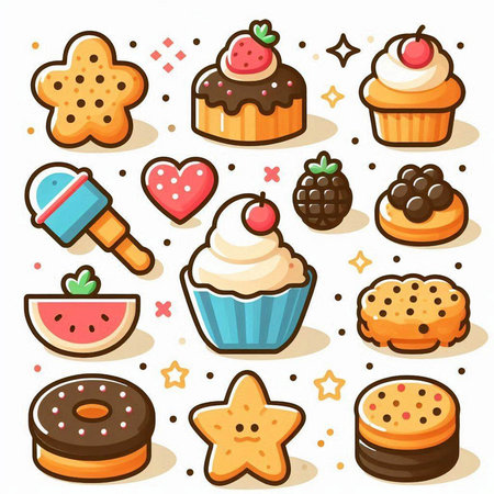 Set of cute sweets and cookies. Vector illustration in cartoon style.のイラスト素材