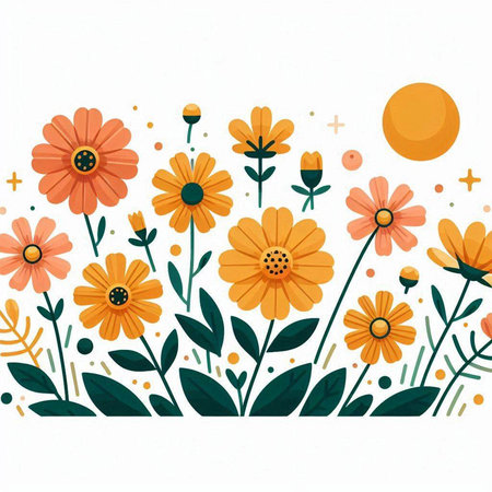 Floral background with daisies and sun. Vector illustration.のイラスト素材