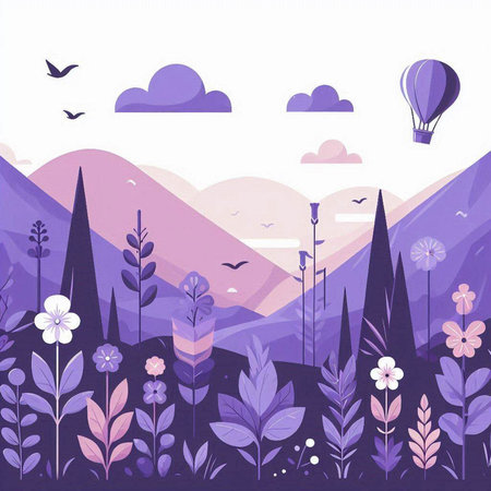 Landscape with mountains, flowers and hot air balloon. Vector illustration.のイラスト素材