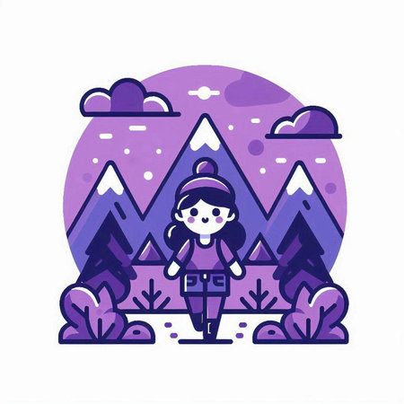 Cute little girl hiking in the mountains. Vector illustration in flat styleのイラスト素材