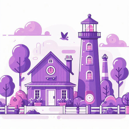 Lighthouse in the village. Vector illustration in a flat style.のイラスト素材
