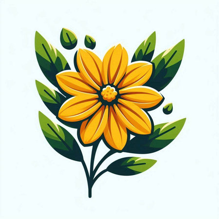 Vector illustration of yellow flower with green leaves on a white background.のイラスト素材