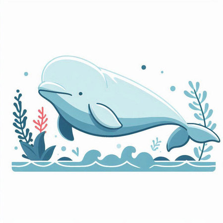 Illustration of a cute cartoon whale in the sea, vector illustrationのイラスト素材
