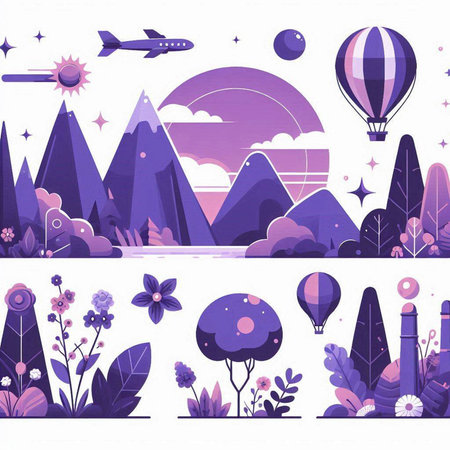 Vector illustration of cute cartoon landscape with hot air balloons, trees, mountains, clouds, sun and stars.のイラスト素材