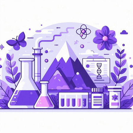 Science and chemistry background with mountains and plants. Vector illustration in flat styleのイラスト素材