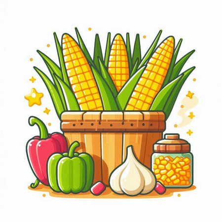 Vector illustration of corn in wooden basket and vegetables on white background.のイラスト素材