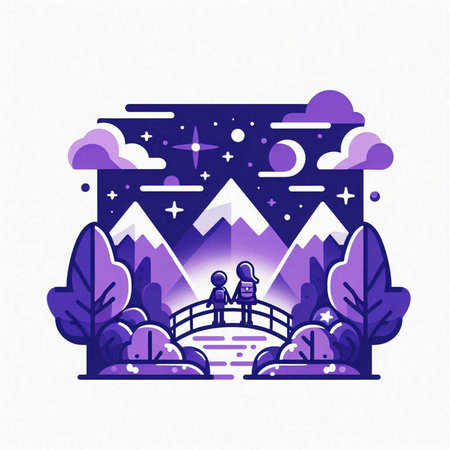Night landscape with mountains, trees and the moon. Vector illustration.のイラスト素材