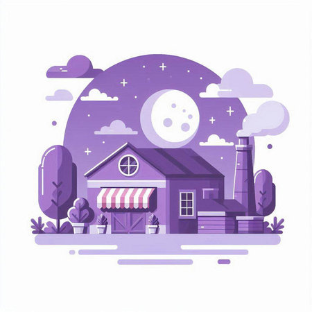 Vector illustration of a flat design of a country house on a background of the night sky.のイラスト素材